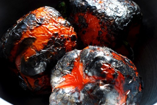 Charred red bell peppers.