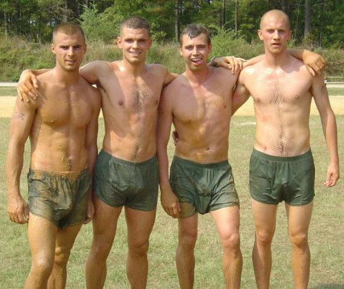 Military soldiers in wet boxer shorts