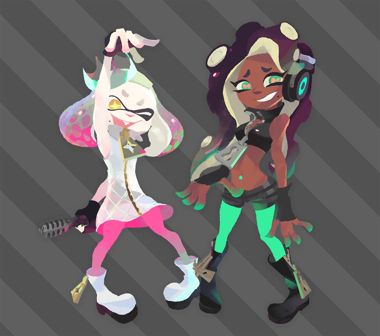 These lovely ladies are the rising stars who’ve been burning up the Inkling music charts, Off the Hook! First you’ve got Pearl, the cute and sassy MC with a talent for spitting fire lyrics.Then you’ve got Marina, the dazzling DJ genius rocking beats...