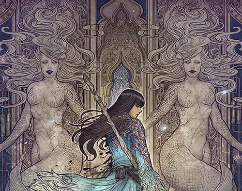 image form the comic Monstress in which the main character is looking over her shoulder and looking all around pretty cool. The whole image is done in an art deco style.