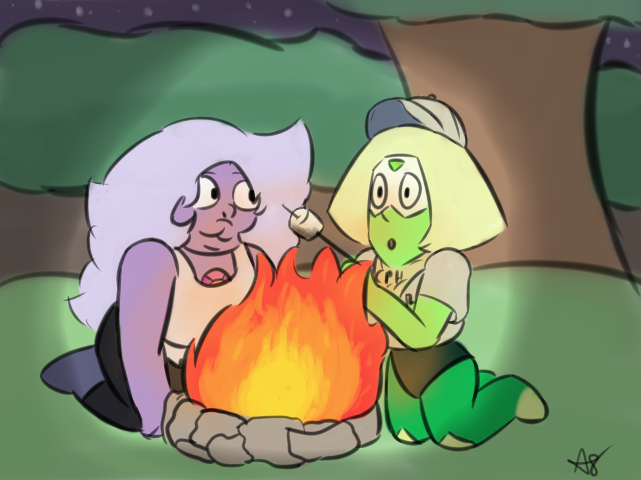 Peridot’s decked out in Camp Pining Hearts gear, learning the ways of toasting marshmallows for her hungry girlfriend! Amedot Bomb 8, Day 2 (Camping)