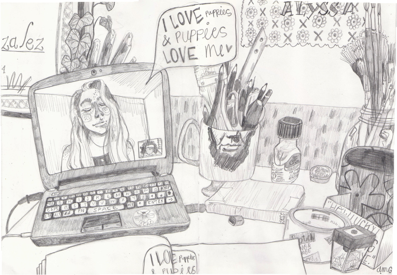 my desk in the summer, graphite in my sketchbook alyssa maria gonzalez