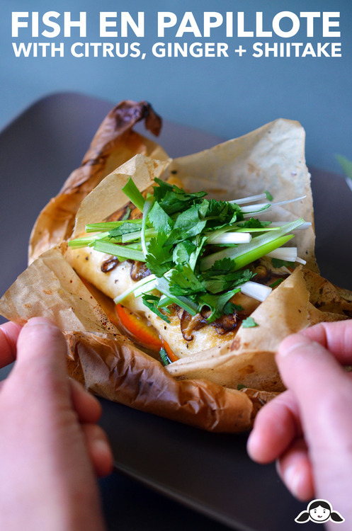 Opening up a Fish en Papillote (in Parchment) with Citrus, Ginger, & Shiitake 