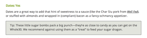 A screen grab from the Whole30 site that talks about how dates are compliant.