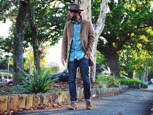 billy-george:Hump day getup; denim, coats and statement hats….