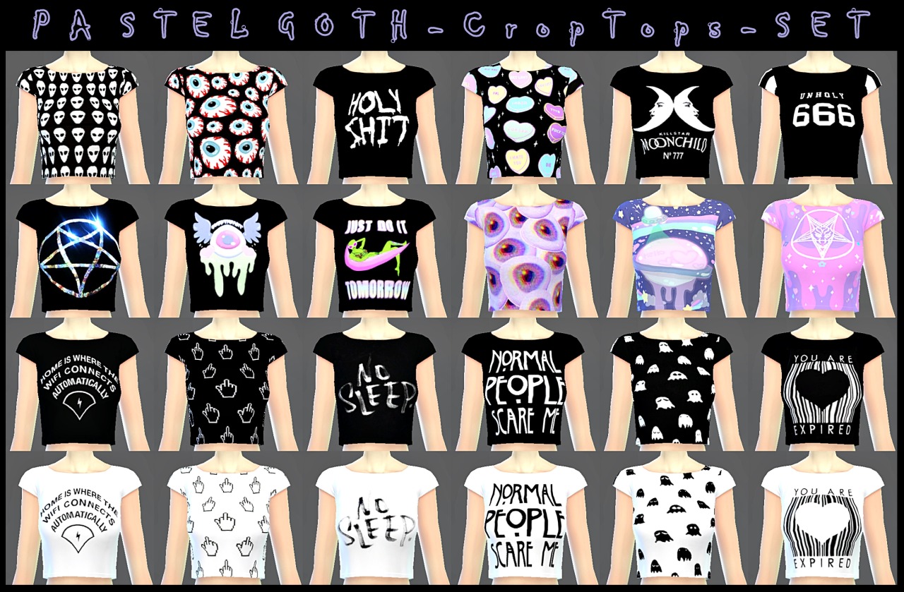 PastelGoth - CropTops - Set
• Standalone, non default
• Adult Female
• 24 colors
“Download”