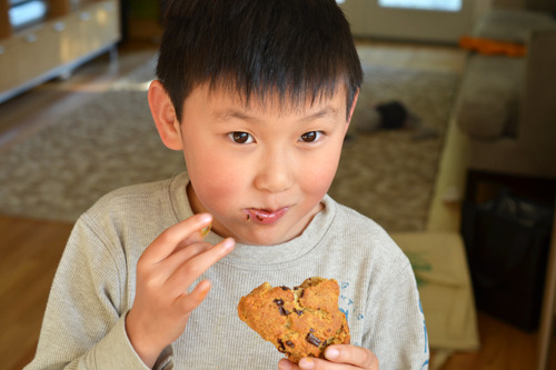 A young Asian boy is eating a Grain-Free Dark Chocolate Cherry Scone.