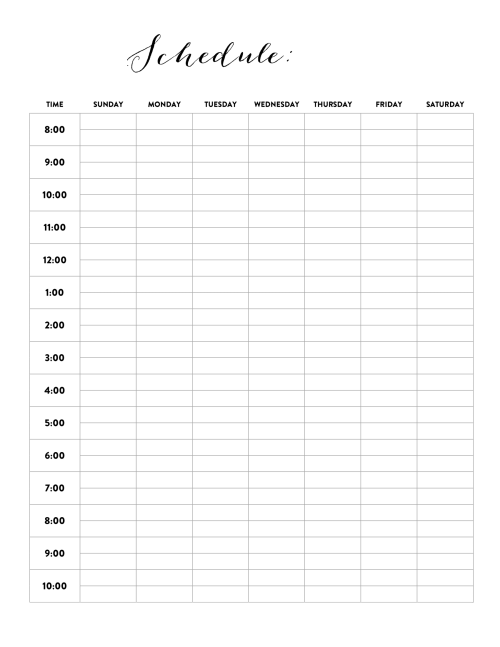 Homework timetable printable