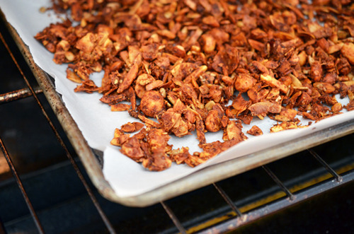 A closeup of a tray of Tropical Paleo Granola when it is ready to take out the oven.