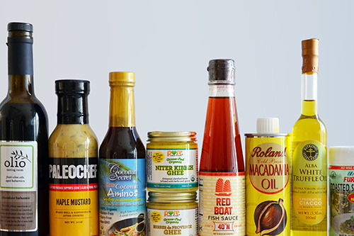 A row of paleo friendly sauces.