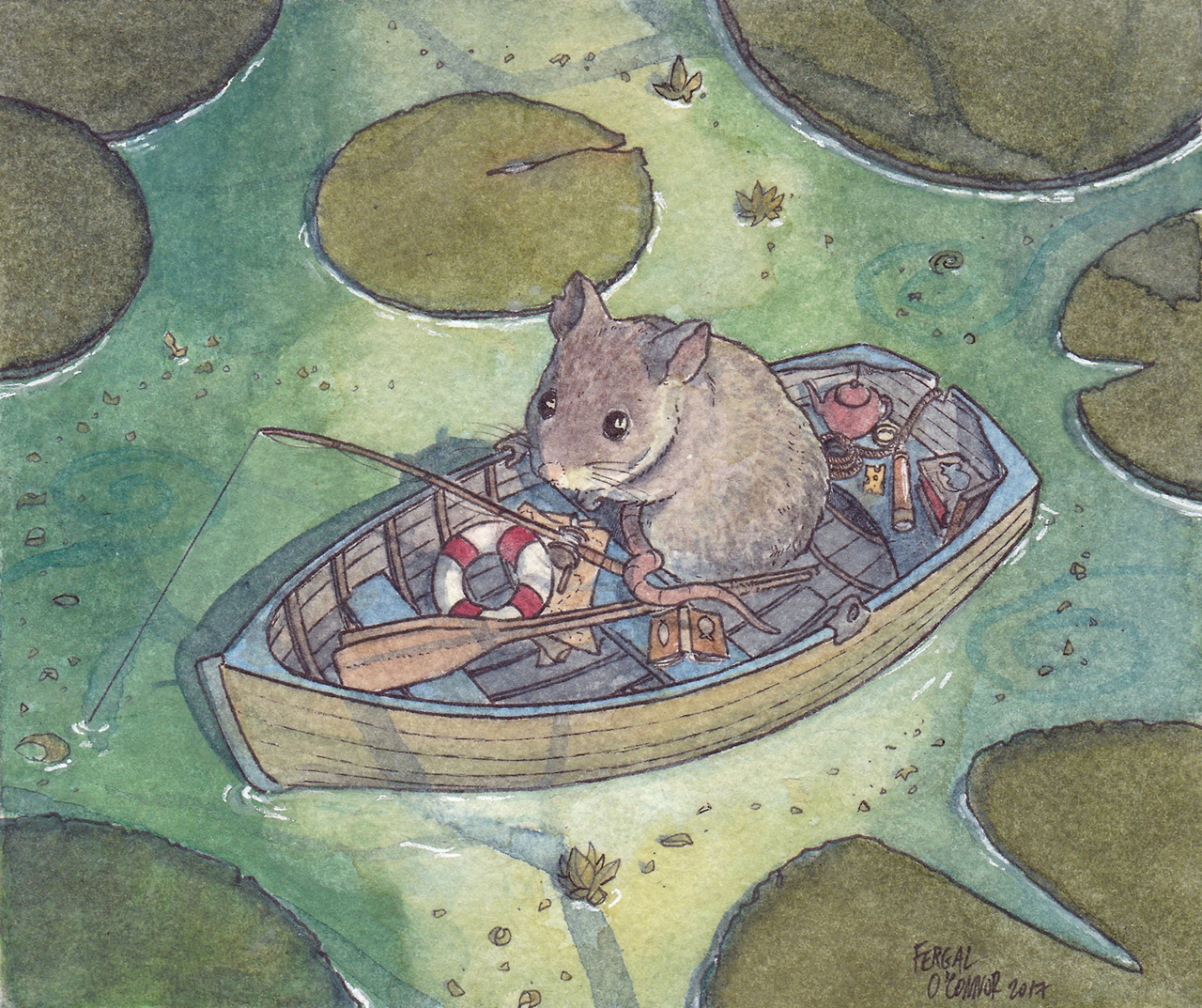 ‘Fishing Mouse’, 5x6", watercolours, gouache & fineliner. By Fergal O’ Connor