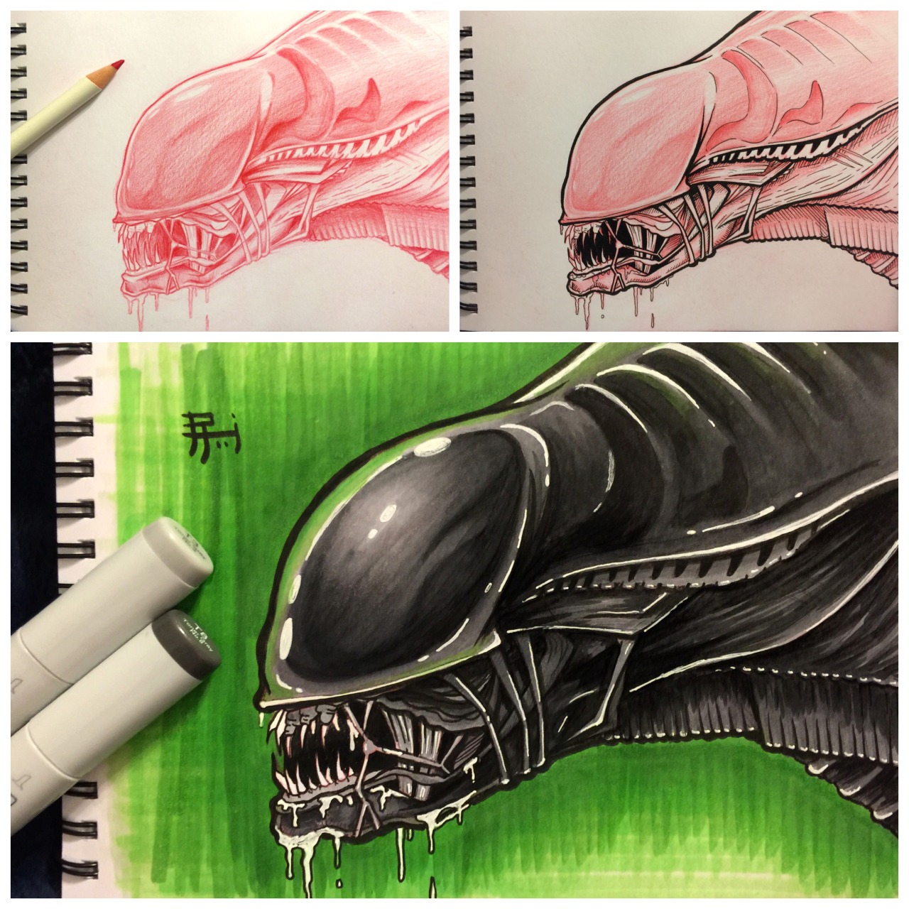 fb.com/PrimitiveTool instagram.com/primitivetool #Alien #Xenomorph #movie #drawing @copicmarker #challengingmyself