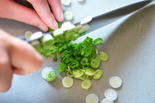 Overhead shot of someone thinly sliced scallions.