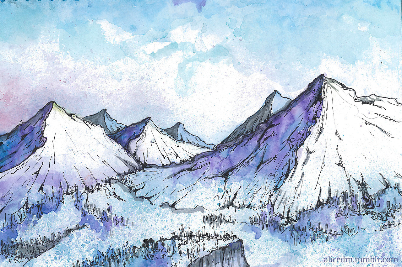 Watercolour mountains, inspired by magical landscapes in New Zealand. Alice Dugain Mussared | IG @aliceduiganmussared — Immediately post your art to a topic and get feedback. Join our new community, EatSleepDraw Studio, today!