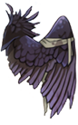 An image of one folded dark purple bird-like wing with tattered feathers.