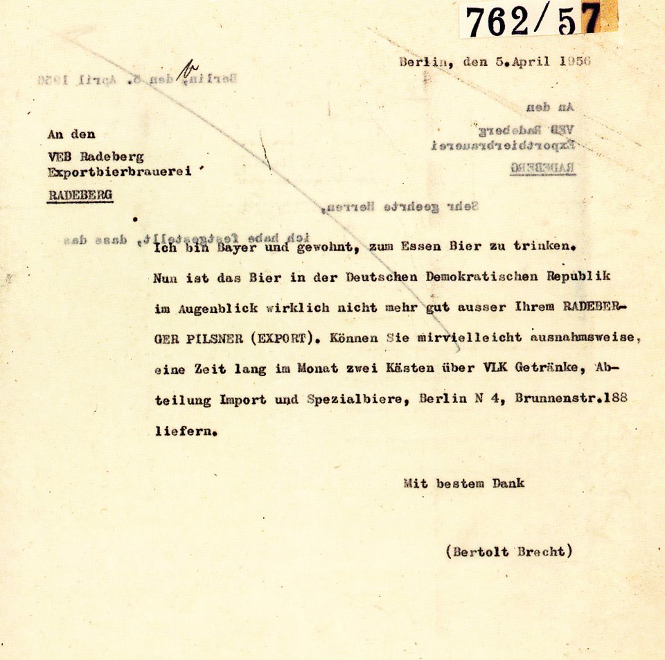 Bertolt Brecht, Brief an Radeberger Brauerei, 5. April 1956