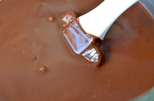 Stirring the chocolate and coconut milk mixture for Mexican chocolate pots de crème.