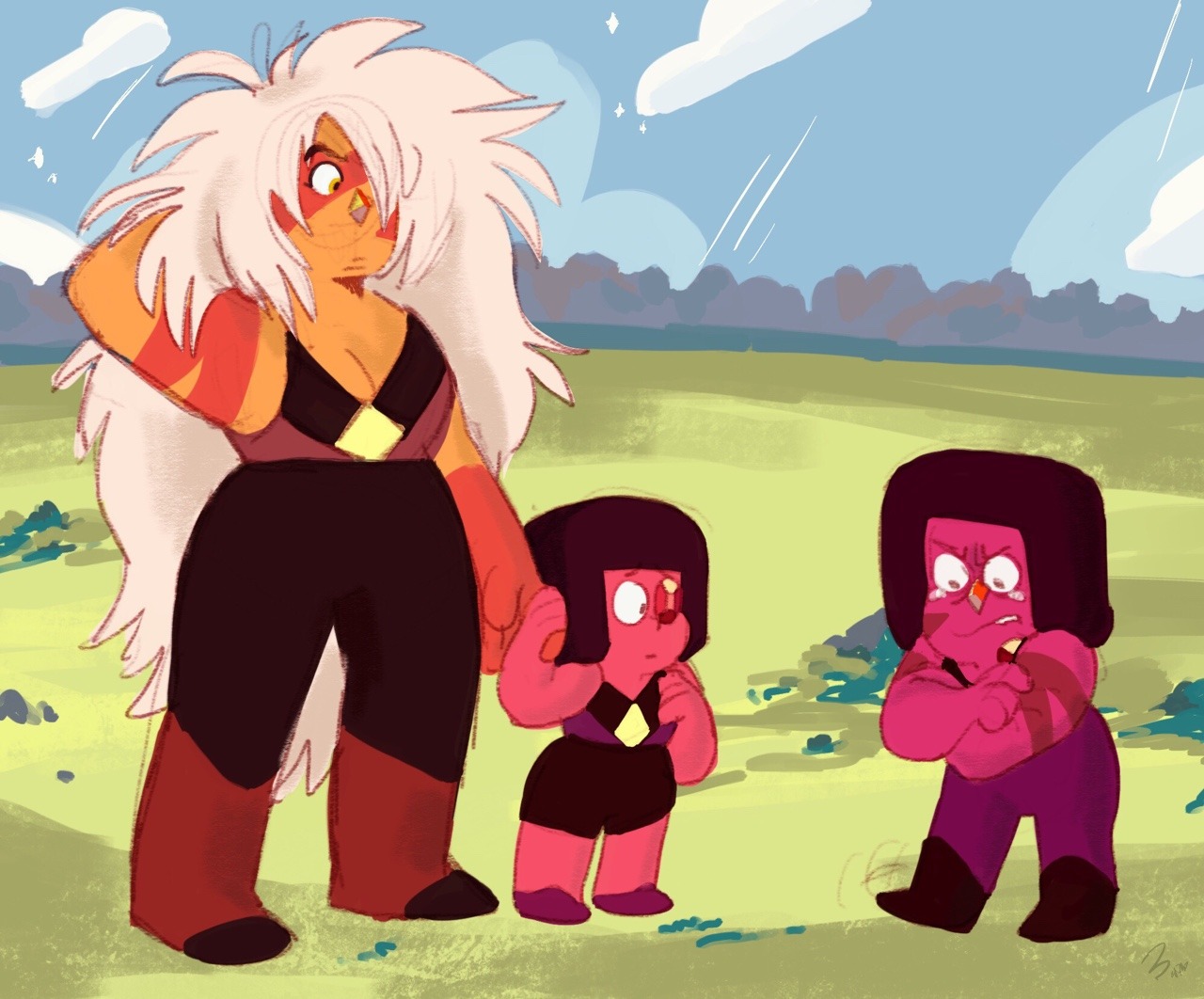 Quick drawing b4 bed hehh-The gem on the right corner is NOT a fusion. She’s Jasper’s and Eyeball’s angry baby lol. Fry(that is her name) is a Jasper and Ruby hybrid, she is based from an AU of mine...