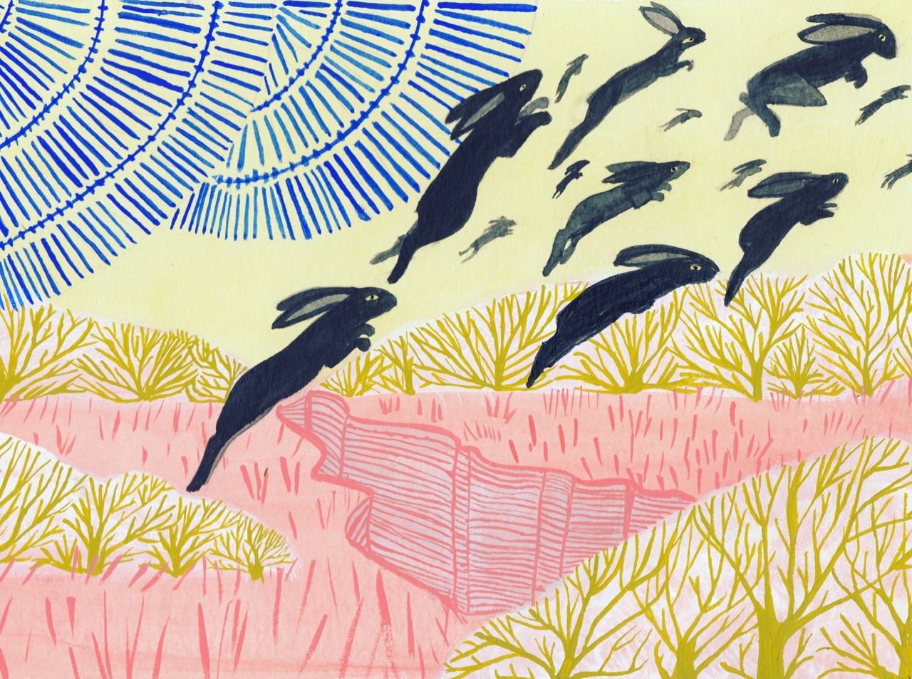 The black Hares in flight. Original Illustration by Clay horses design.