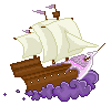 A pixel of a sailing ship floating on purple clouds, with a figurehead of a light purple skydancer dragon whose wings flow back across the bow of the ship.