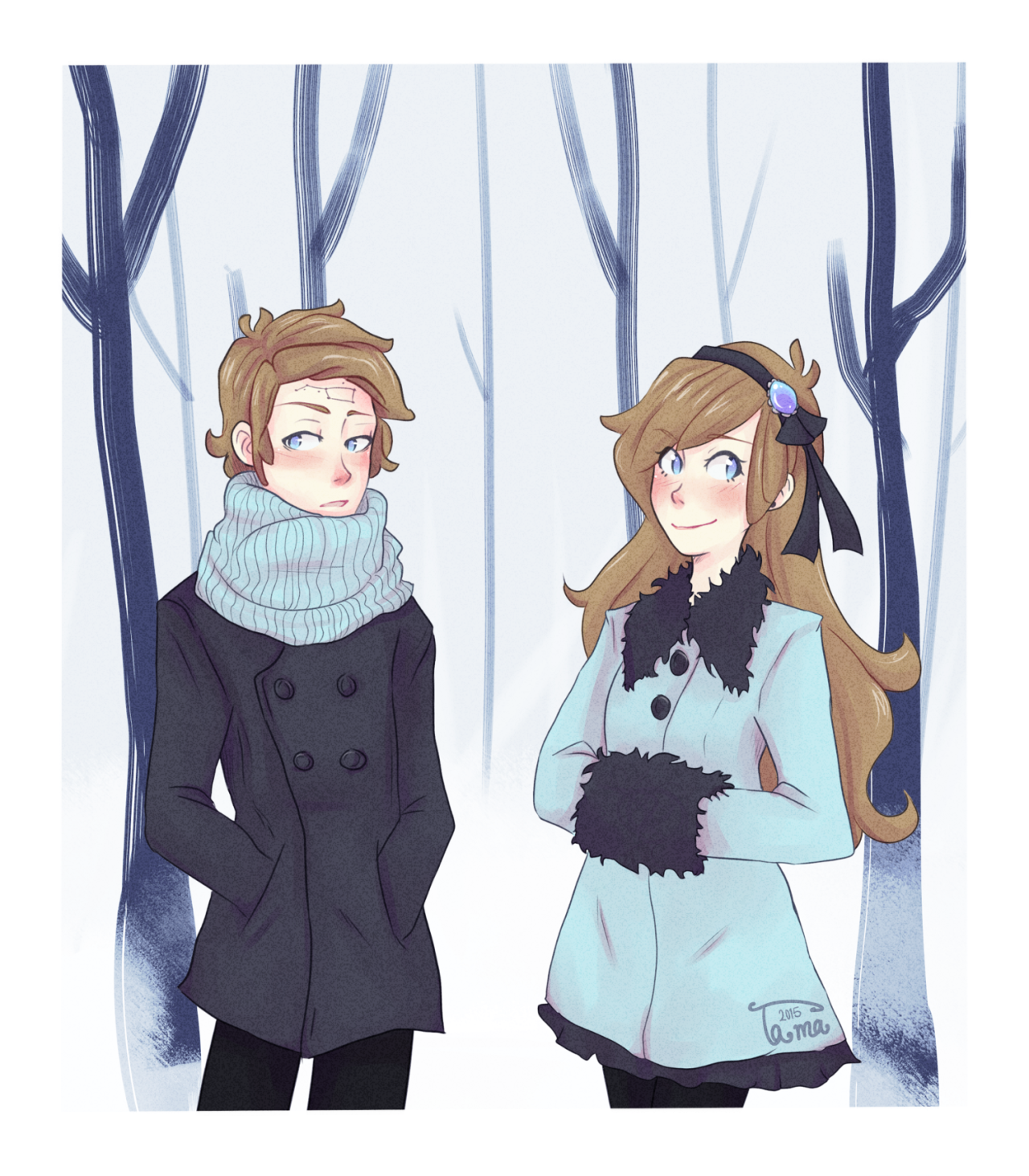 tamamoriichan:
“Merry Christmas @blueswanson! I’m your Secret Santa for the Gravity Falls Secret Santa :3
You said you liked the twins from the Reverse Falls AU so I drew them in some winter clothes. I hope you like it and Merry Christmas :D
”