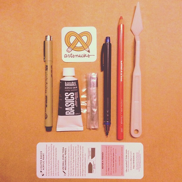artsnacksblog: “ (via Photo by elctric • Instagram) ” Nice ArtSnacks! ArtSnacks is like a magazine subscription but instead of a magazine you get 4 or 5 different art products to try out.