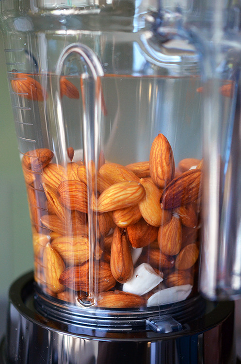 A blender filled with almonds and water.