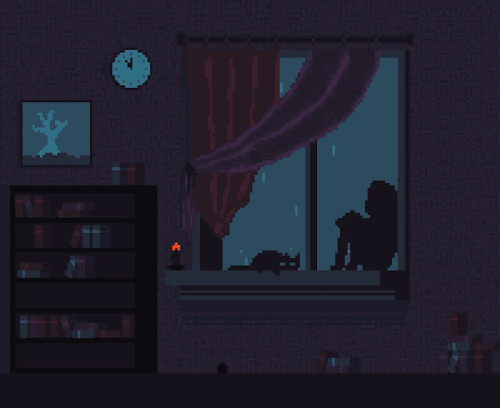 Alone Girl and a Cat by The Window in a Thunderstormy Night