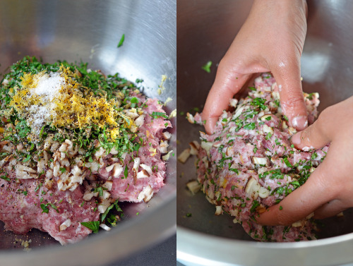 Two hands are mixing together the Lemon Ginger Meatballs.