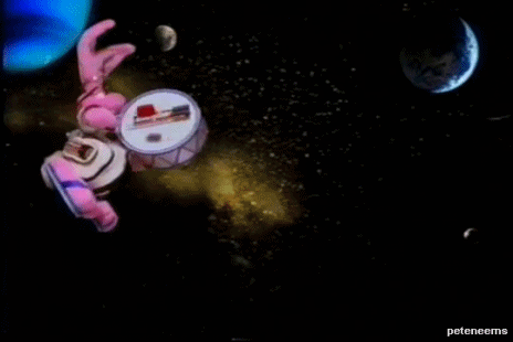 Energizer Bunny beating on it's drum while floating through space.