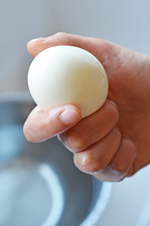 Someone holding a peeled hard boiled egg in their hand.
