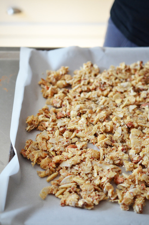 A closeup of a tray of Tropical Paleo Granola ready for the oven.