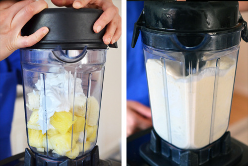 Blitzing pineapple, banana, and coconut milk in a blender for lava flow ice pops.