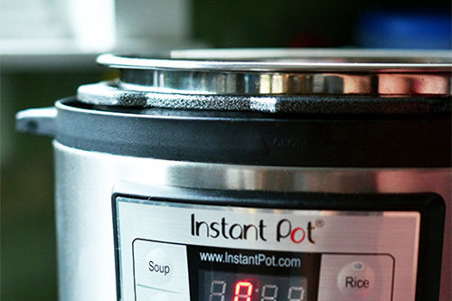 A front shot of the top third of an open Instant Pot.