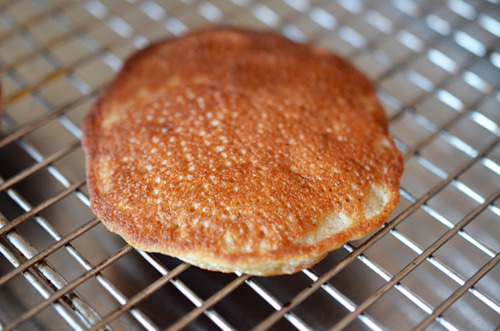 A cooked cinnamon and coconut paleo pancake cooling on a wire cooling rack.