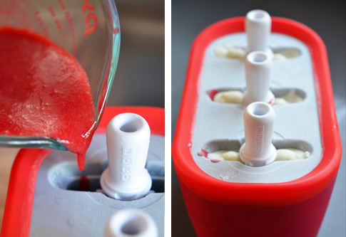 Pouring the strawberry purée mixture into the zoku quick ice pop maker.