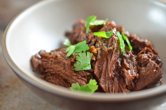 A bowl of the instant pot mocha-rubbed pot roast topped with cilantro.