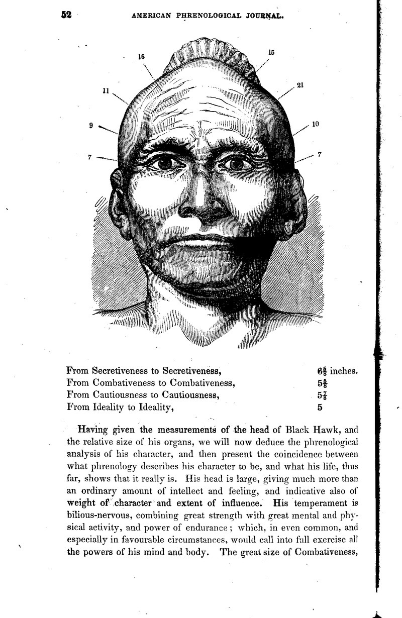Phrenological Bust of Black Hawk, 1838 | Lincoln/Net | NIU Digital Library
This page from the American Phrenological Journal purports to discuss personality traits of the Sac and Fox Chief Black Hawk, who led his nation in the Black Hawk War of 1832....
