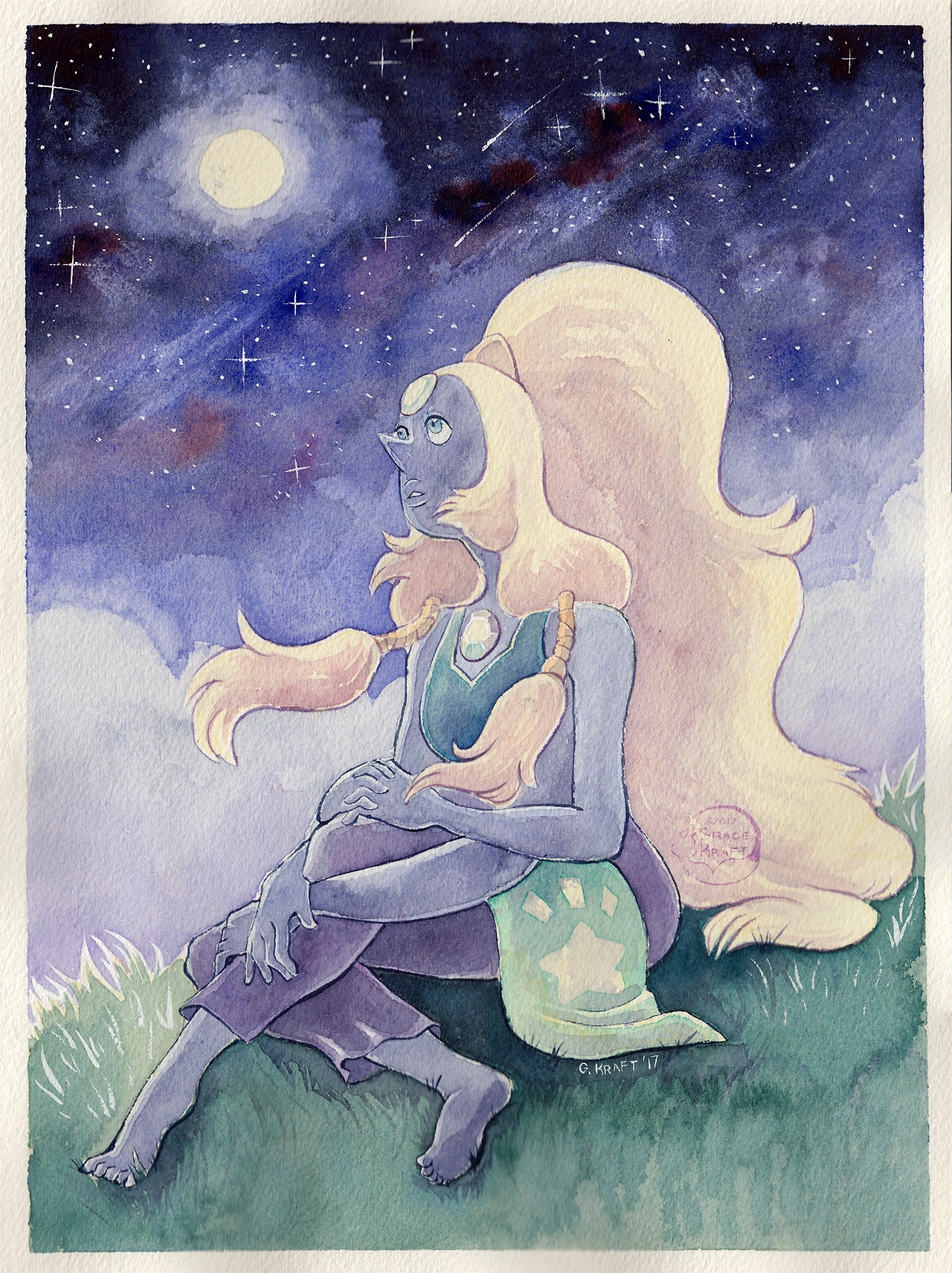 Getting paid to draw Opal is always a pleasure and this piece is no exception.

 I was listening to a lot of Aimee Mann’s Lost in Space album while sketching initial ideas for this piece.  I wanted to capture that type of peaceful, wistful melancholy that I feel is present in Opal’s character that Aimee’s songs communicate really well.  

 Opal is the combination of a gem that was originally from space and a gem that has hardly left Earth, those are some potentially messy feelings to come together.  A longing to leave and a desire to stay.  I also enjoy Pearl and Amethyst representing heaven and earth in way, given their temperaments and origins.  It’s something I feel the location of Giant Woman reflected.

 I could yammer on about Opal for a while but alas.

 I’ll most likely take on another commission batch around April.  If you’re interested, check out my commission post!