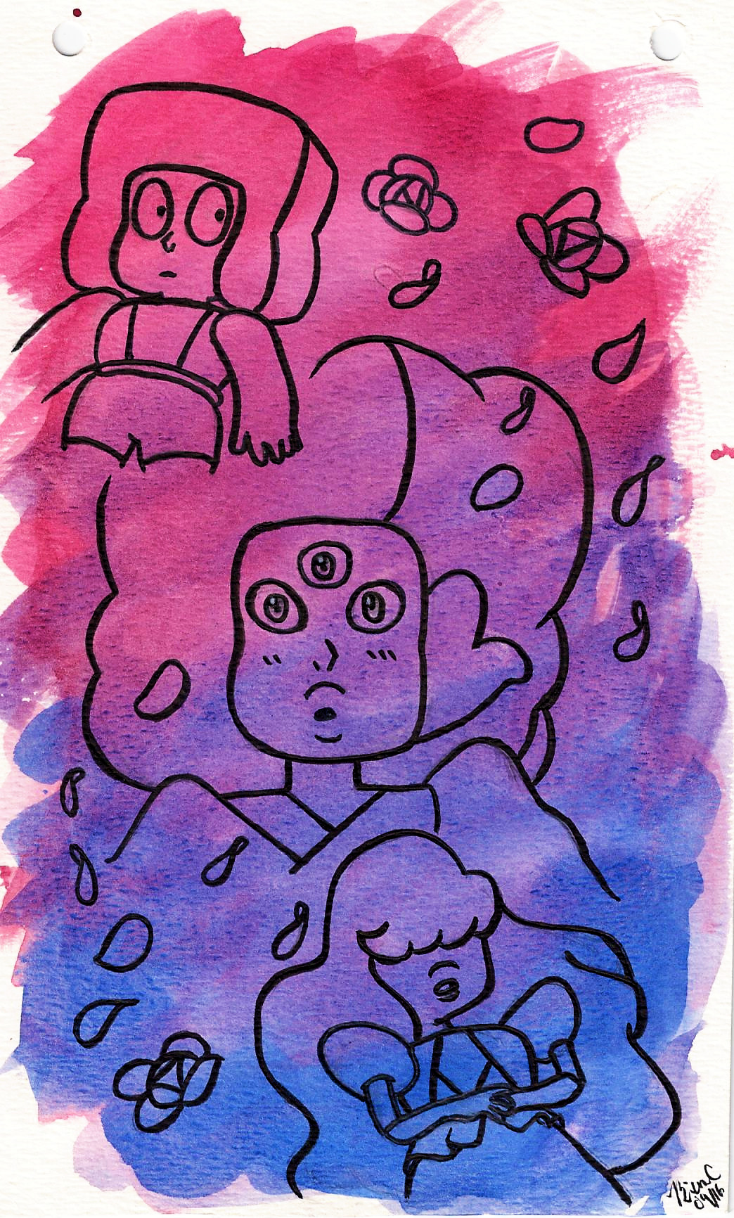 An old painting I did right after I watched “The Answer” from Steven Universe! (Watercolor and Brush pen on cold pressed watercolor paper)