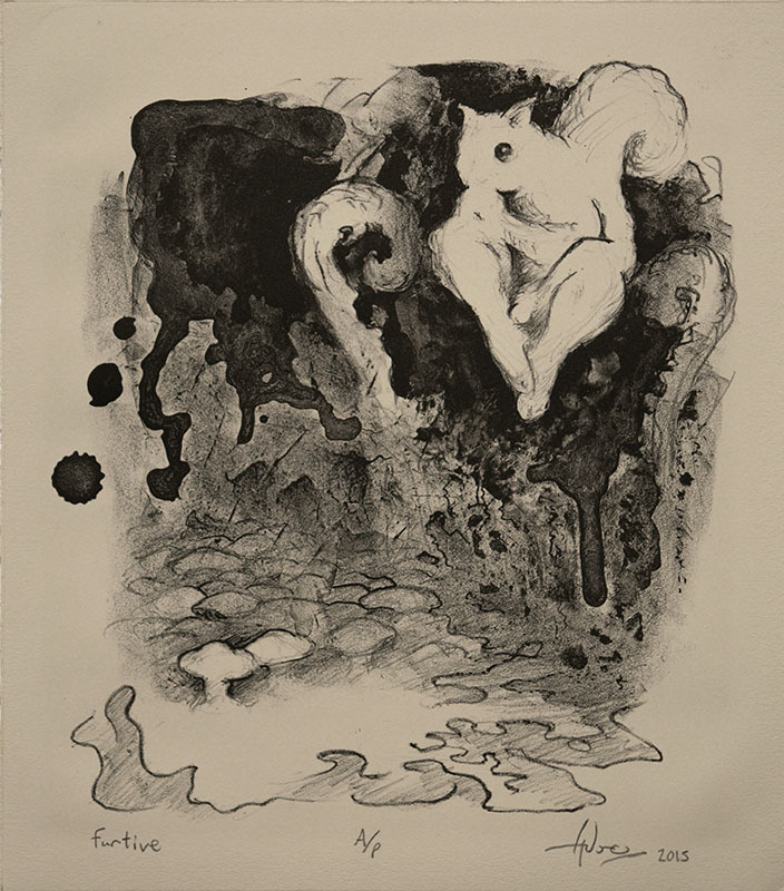 “Furtive” Lithograph by Aubrey Brown See more of my art on my blog: https://www.tumblr.com/blog/aubreyart