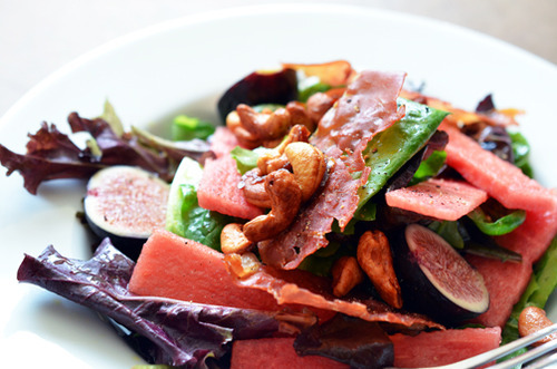 A plate of fig and watermelon salad.