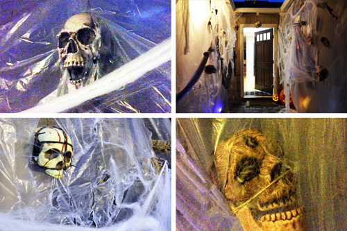 Halloween decorations at a house that include skulls and fake cobwebs