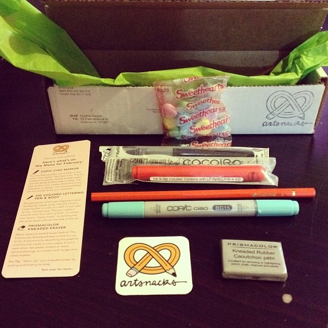 srriot: “ My first artsnacks box!! Sqeeee!! This is their February box with a copicciao marker zigcocoiro lettering pen & body a prisms color kneaded eraser and a palomino graphite drawing pencil. ” ArtSnacks is like a magazine subscription but...