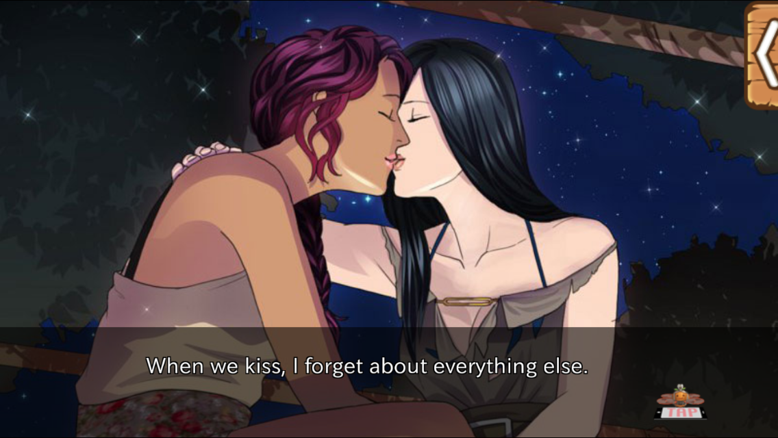 Two femme looking people kissing at night under the stars. Dialogue reads 'When we kiss, I forget about everything else.'