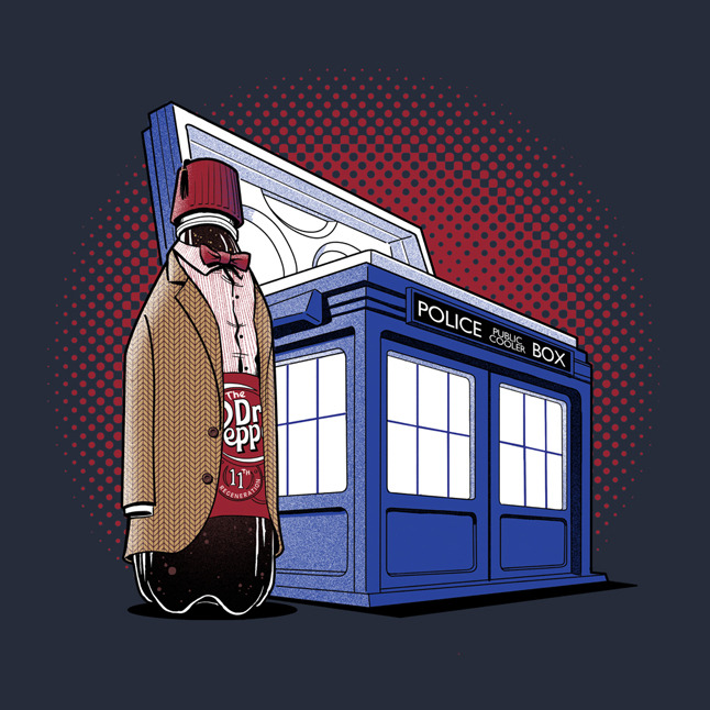 The Doctor Pepper- By Jason Piperberg “Timey wimey, bibbly bubbly.” Time for a crisp and refreshing journey through time and space. Get the shirt in: Navy! Get the shirt in: Grey! Tumblr / Facebook / Society6