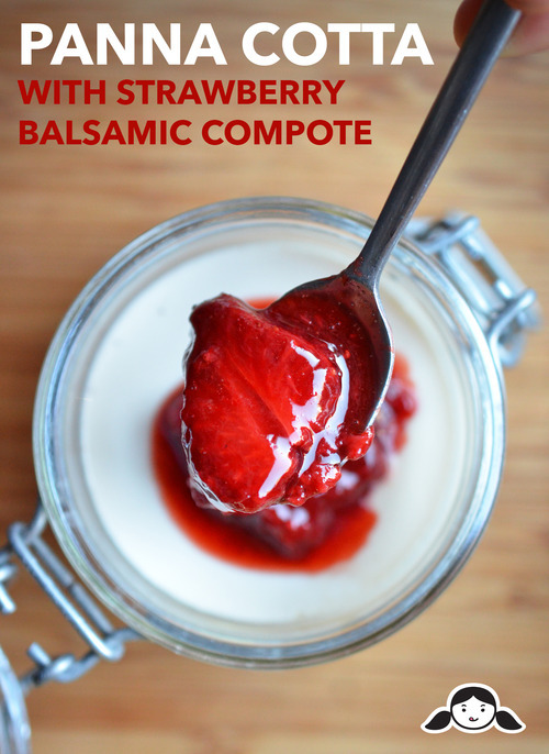 A spoon holding strawberry compote above a jar of paleo panna cotta.