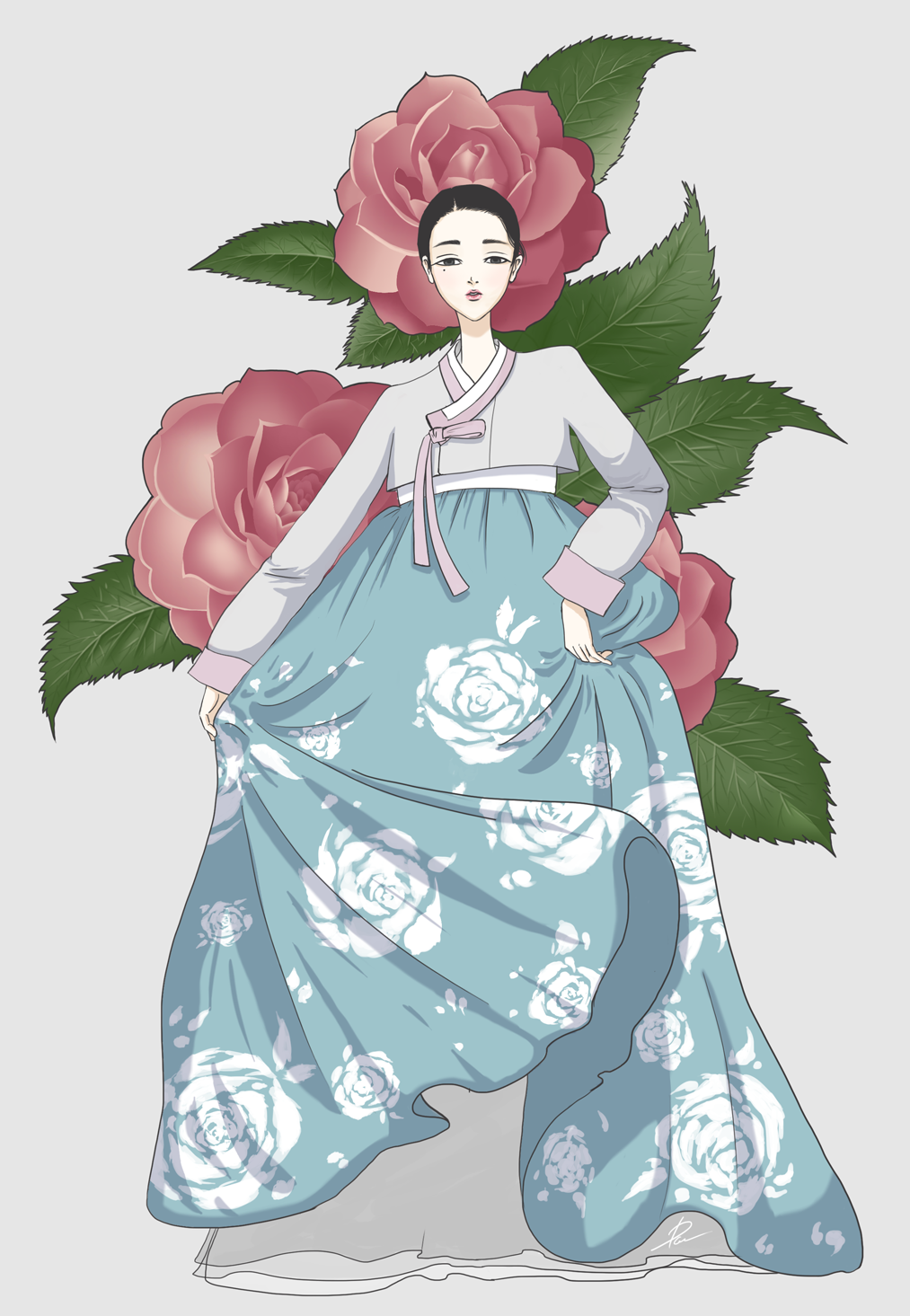 Hanbok & Camellias, by Esther Doan I find hanboks and the stern expression of the ladies wearing them to be incredibly pretty