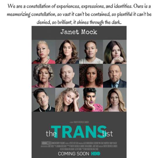Quote by Janet Mock on being Trans: We are a constellation of experiences, expressions, and identities. Ours is a mesmerizing constellation, so vast it can’t be contained, so plentiful it can’t be denied, so brilliant, it shines through the dark. 