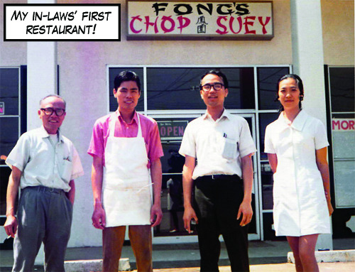 Four Asian adults standing in front of a restaurant called Fong's Chop Suey.